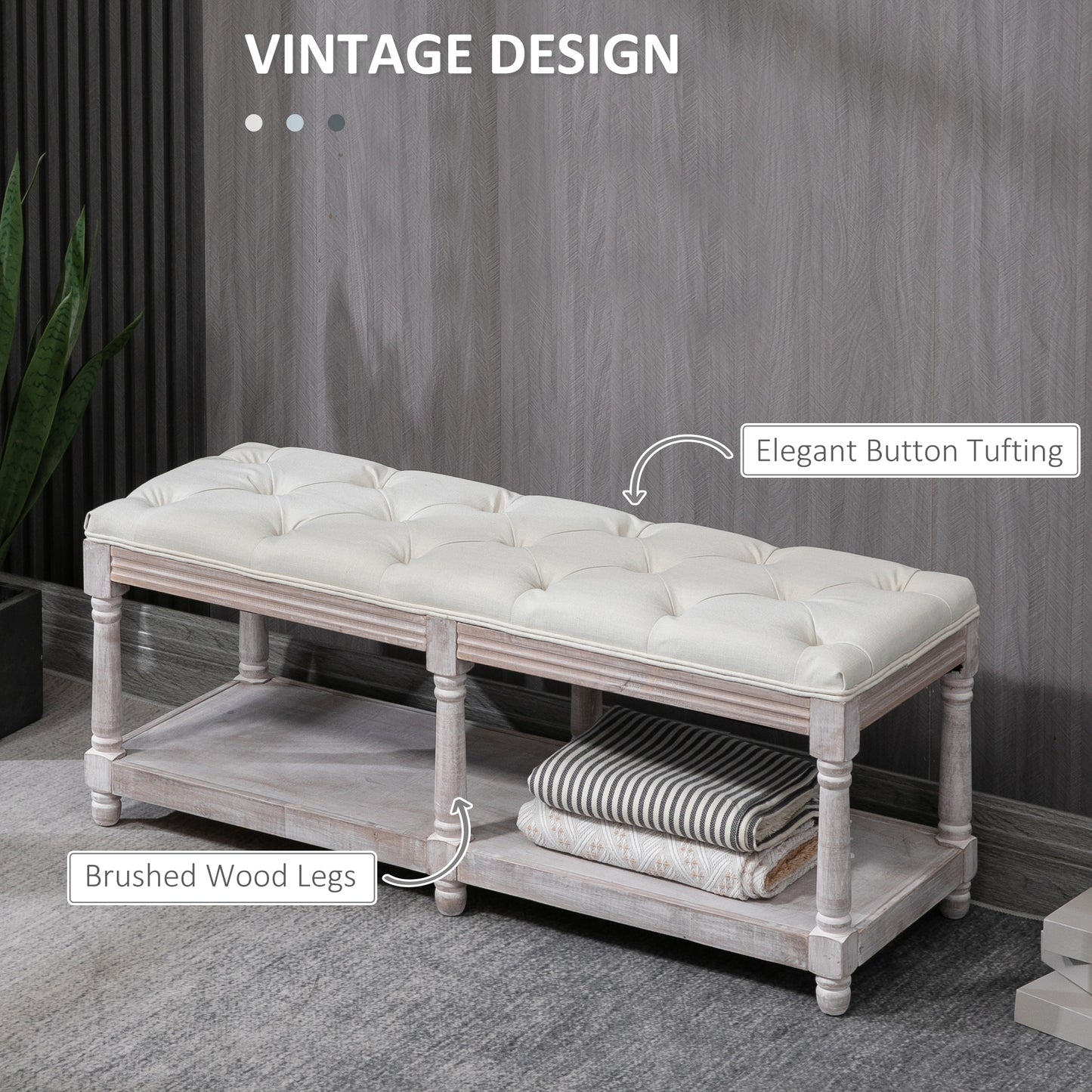 Vintage-Inspired 2-Tier Bed End Cream Bench with Button-Tufted Seat