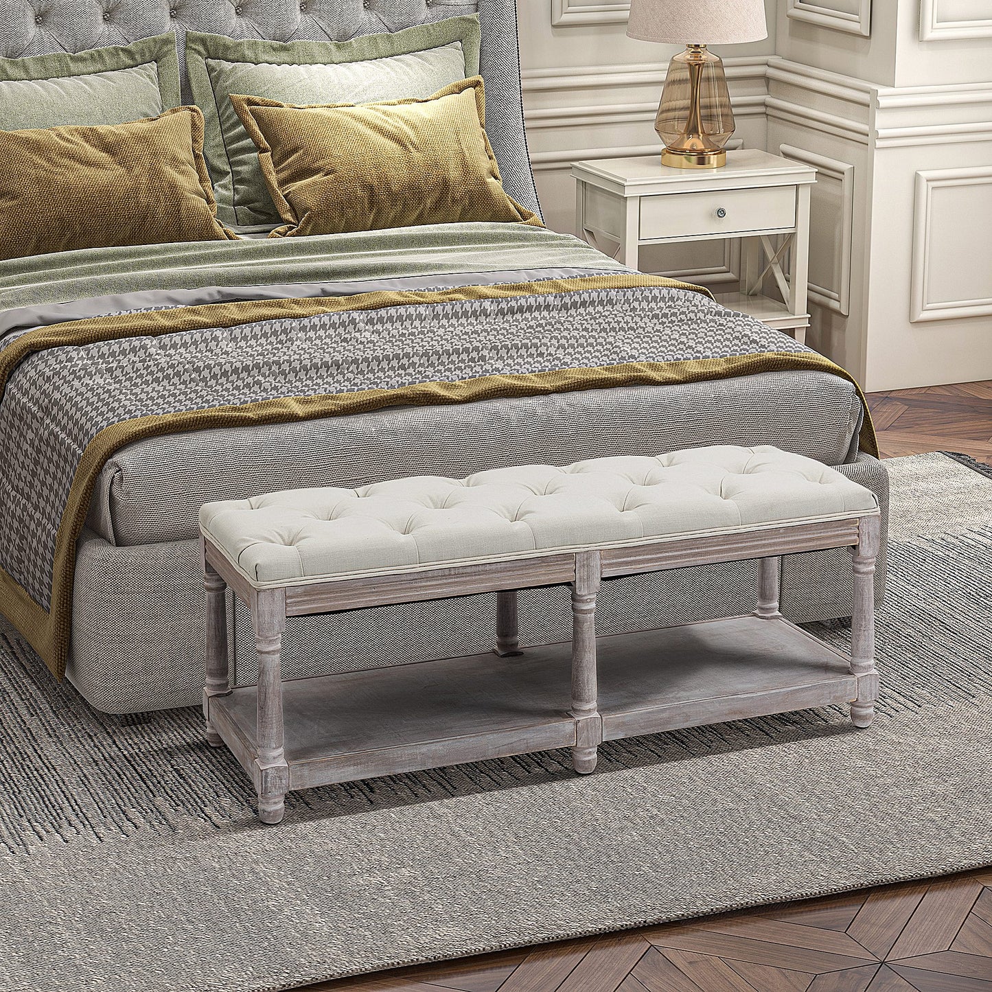 Vintage-Inspired 2-Tier Bed End Cream Bench with Button-Tufted Seat