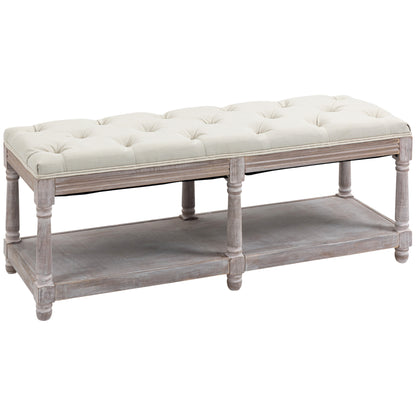 Vintage-Inspired 2-Tier Bed End Cream Bench with Button-Tufted Seat