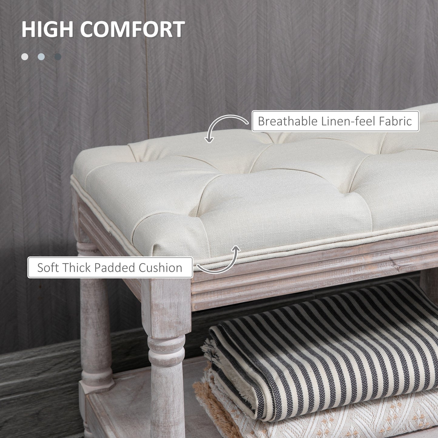 Vintage-Inspired 2-Tier Bed End Cream Bench with Button-Tufted Seat