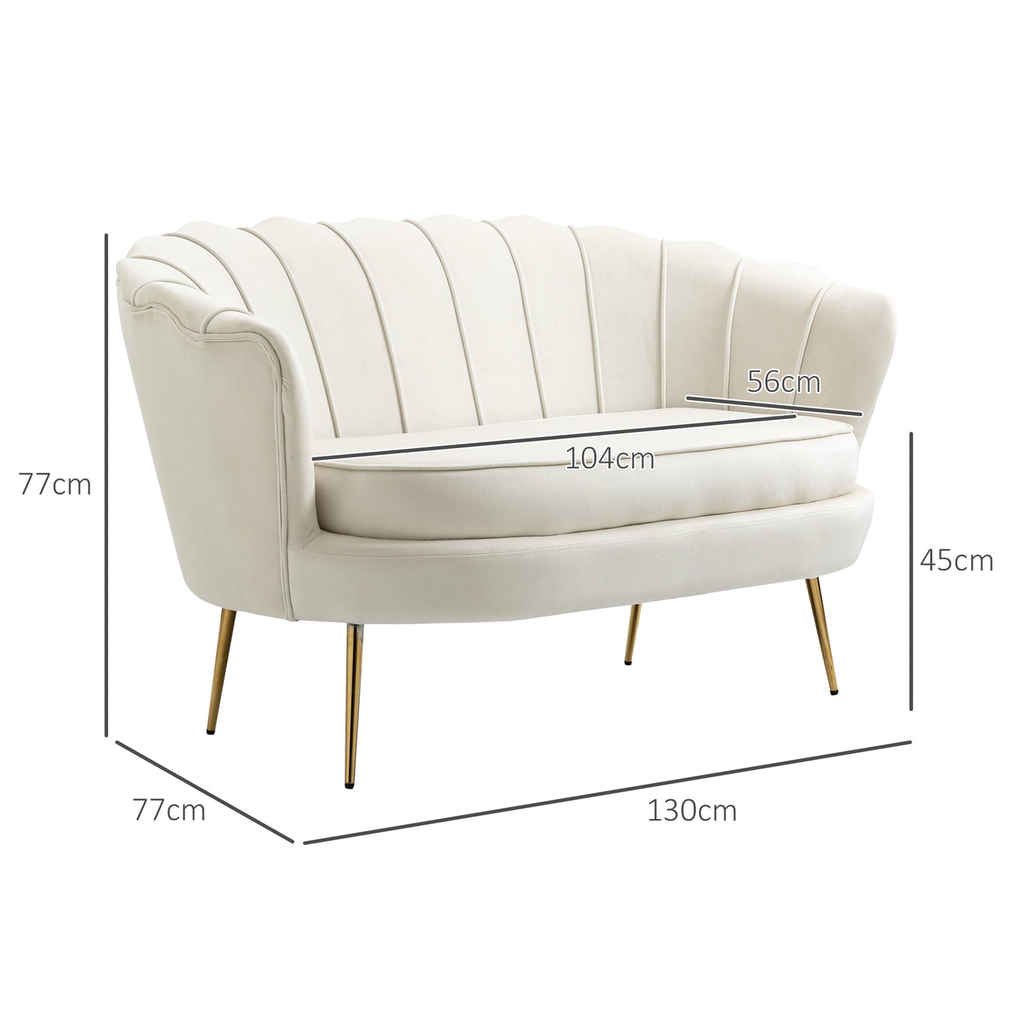 Petal Back 2-Seater Sofa with Steel Legs – Cream White