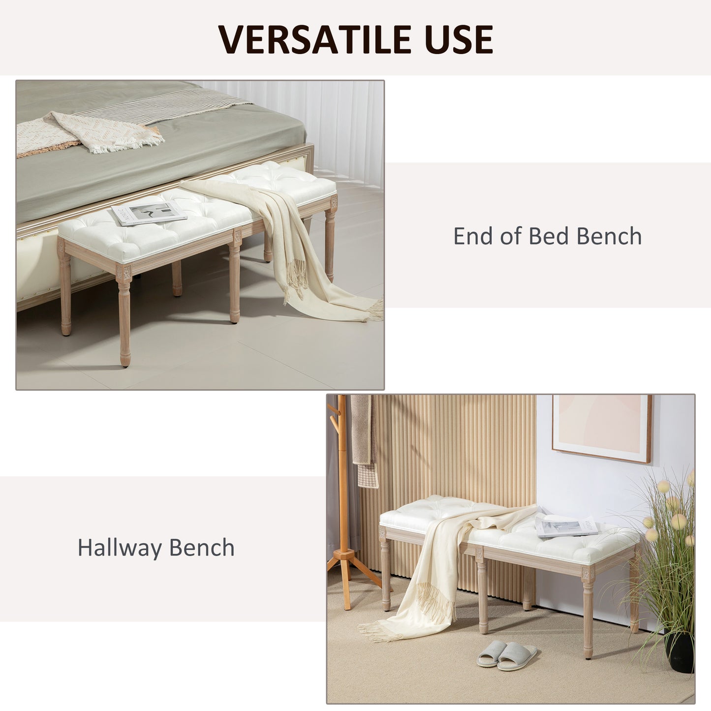 Upholstered End-of-Bed Bench, Soft Cream White Bedroom Seating