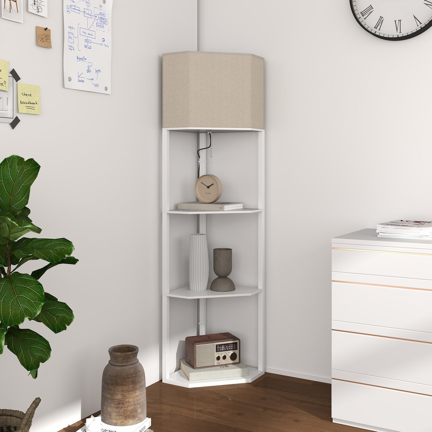 Corner Floor Lamp with Shelves – White