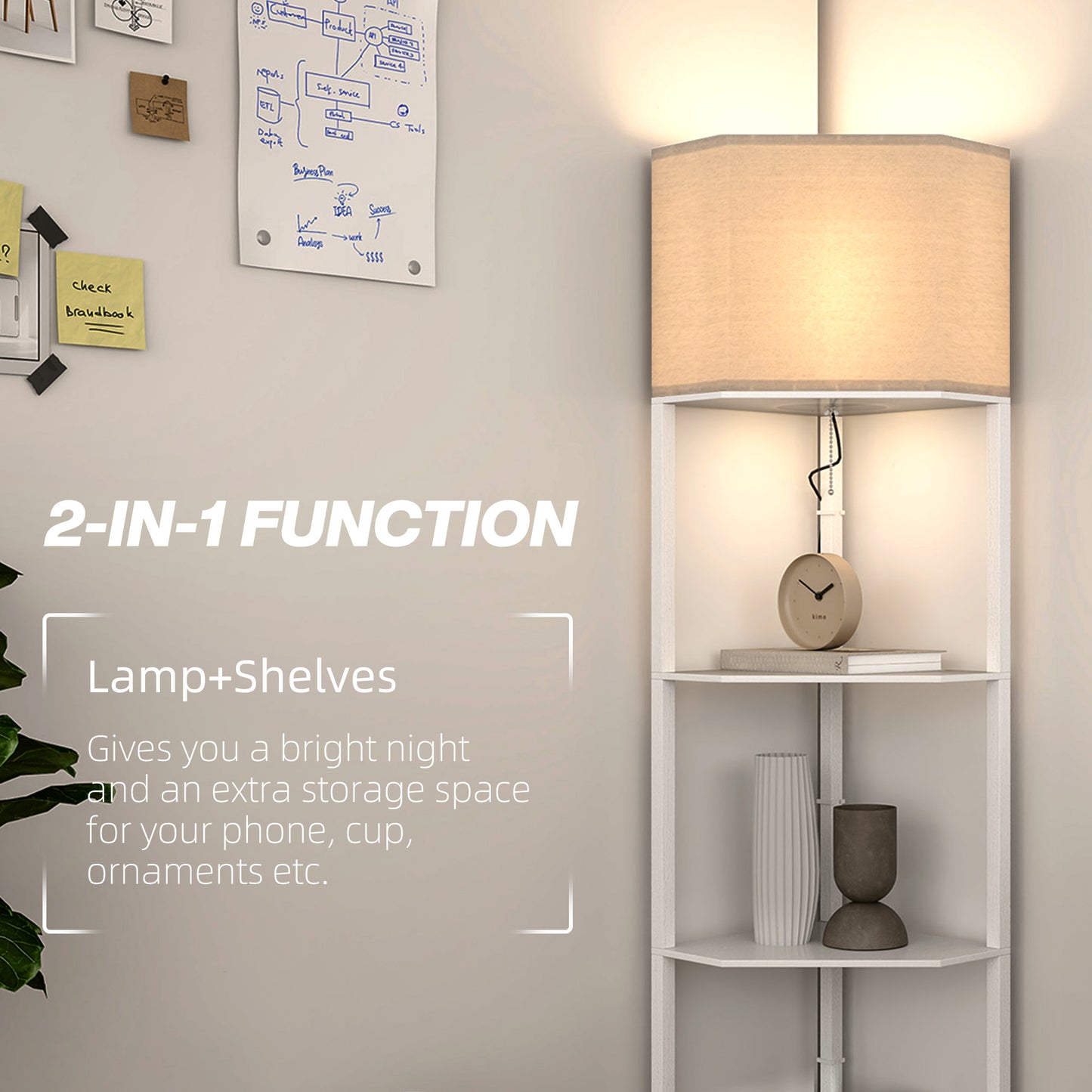 Corner Floor Lamp with Shelves – White