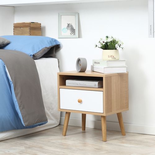 Natural Wood Finish Bedside Table with Drawer and Shelf