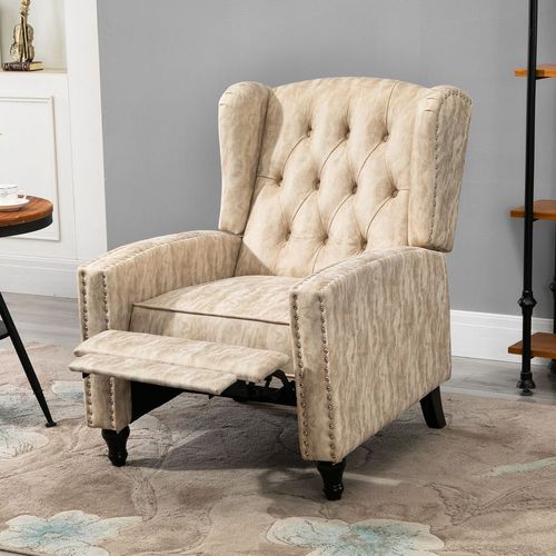 Beige Marble Effect Manual Reclining Armchair with Footrest & Wooden Legs