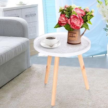 White Blossom Engraved Pine Side Table