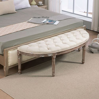 Tufted Half-Circle Ottoman Bench with Padded Seat – Cream