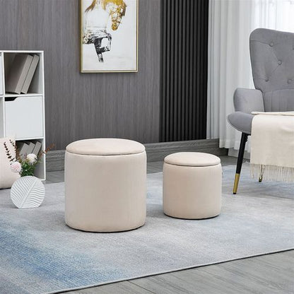 Set of 2 Modern Fabric Storage Ottomans with Removable Lids – Cream White