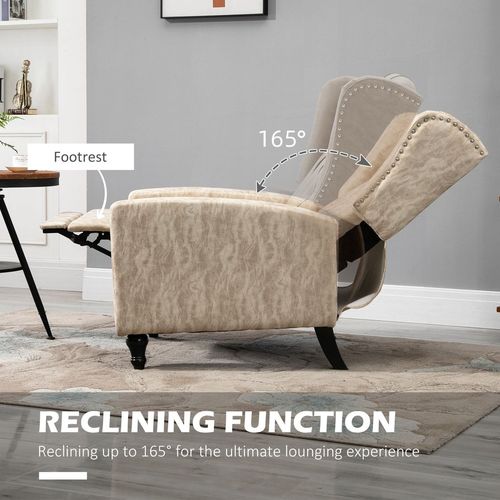 Beige Marble Effect Manual Reclining Armchair with Footrest & Wooden Legs