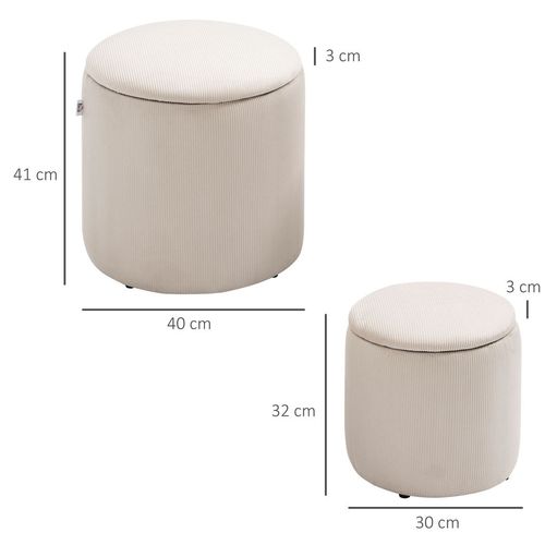 Set of 2 Modern Fabric Storage Ottomans with Removable Lids – Cream White