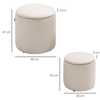 Set of 2 Modern Fabric Storage Ottomans with Removable Lids – Cream White