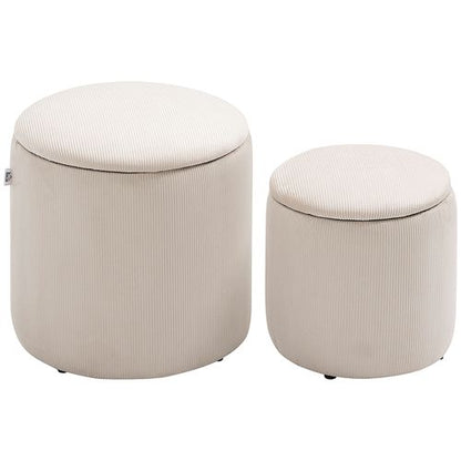 Set of 2 Modern Fabric Storage Ottomans with Removable Lids – Cream White