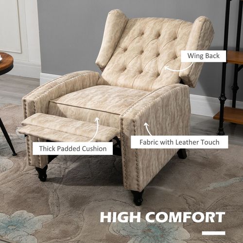 Beige Marble Effect Manual Reclining Armchair with Footrest & Wooden Legs