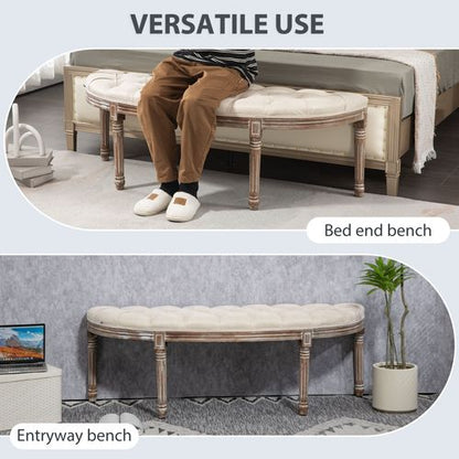 Tufted Half-Circle Ottoman Bench with Padded Seat – Cream