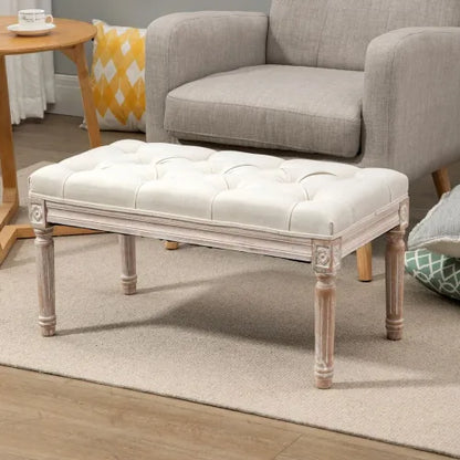 Tufted Upholstered Accent Bench – Linen-Touch Fabric Ottoman in Beige