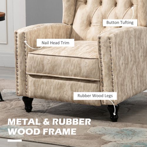 Beige Marble Effect Manual Reclining Armchair with Footrest & Wooden Legs