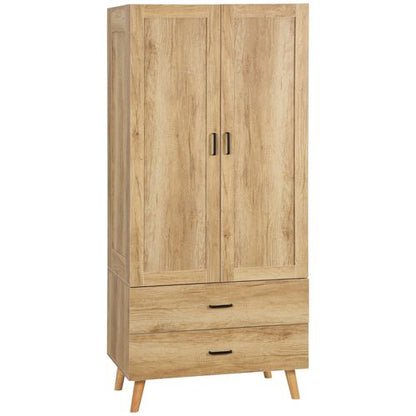 Modern 2-Door Wardrobe with Drawers & Hanging Rail – Natural Finish