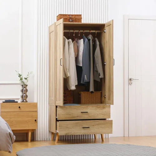 Modern 2-Door Wardrobe with Drawers & Hanging Rail – Natural Finish