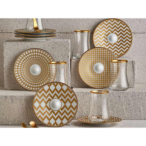 Dervish Zigzag Tea Glass and Saucer - Mat Gold