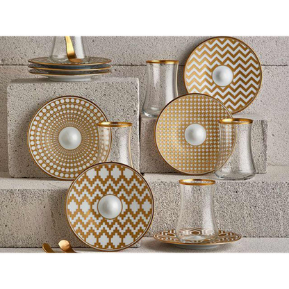 Dervish Zigzag Tea Glass and Saucer - Mat Gold