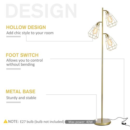 Industrial Steel 3-Light Birdcage Floor Lamp with Round Base & Gold Finish