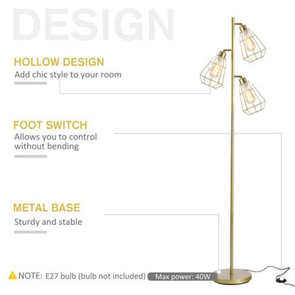 Industrial Steel 3-Light Birdcage Floor Lamp with Round Base & Gold Finish