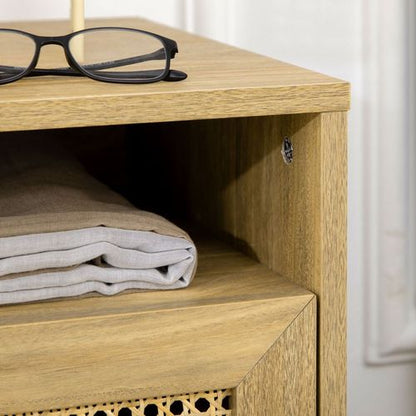 Rattan-Inspired Nightstand with Cabinet & Shelf