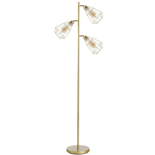 Industrial Steel 3-Light Birdcage Floor Lamp with Round Base & Gold Finish