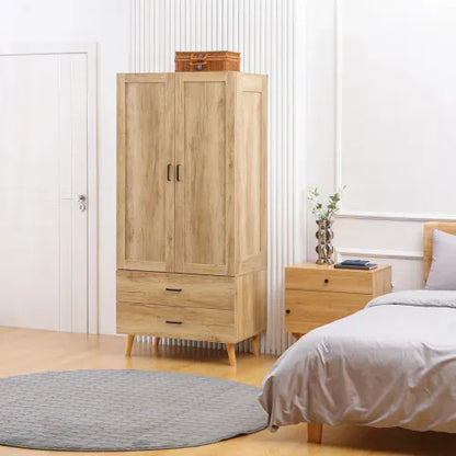 Modern 2-Door Wardrobe with Drawers & Hanging Rail – Natural Finish