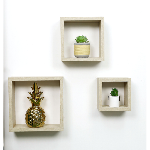 Set of 3 Oak Cube Floating Wall Shelves