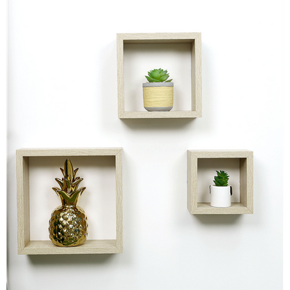 Set of 3 Oak Cube Floating Wall Shelves