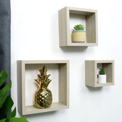 Set of 3 Oak Cube Floating Wall Shelves