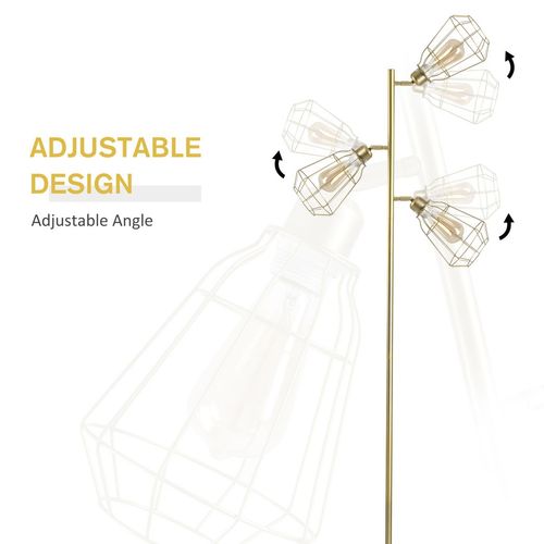 Industrial Steel 3-Light Birdcage Floor Lamp with Round Base & Gold Finish