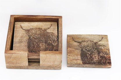 Rustic Engraved Wooden Cow Coasters – Set of 4