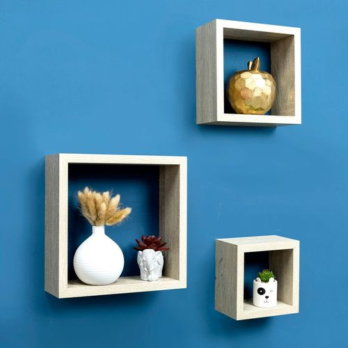 Set of 3 Oak Cube Floating Wall Shelves