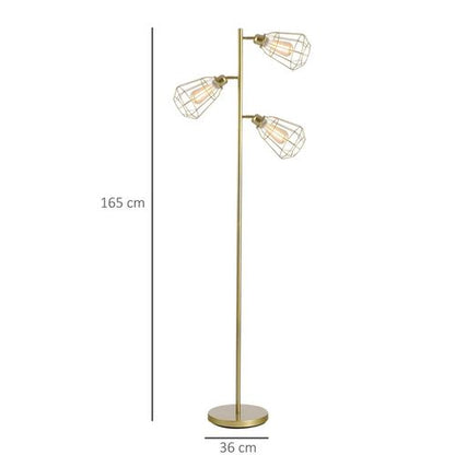 Industrial Steel 3-Light Birdcage Floor Lamp with Round Base & Gold Finish