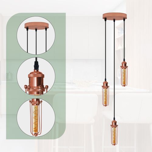 3 Head Round Base Rose Gold Ceiling E27 Pendant Light with Wire Cage