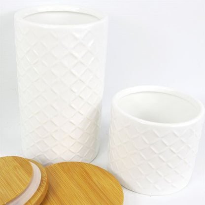 Set of Two Embossed Cream Ceramic Canisters with Lids