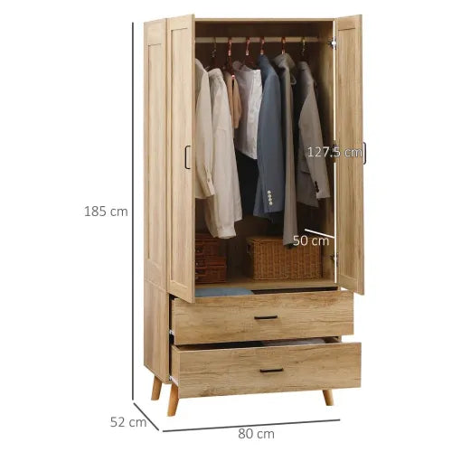 Modern 2-Door Wardrobe with Drawers & Hanging Rail – Natural Finish