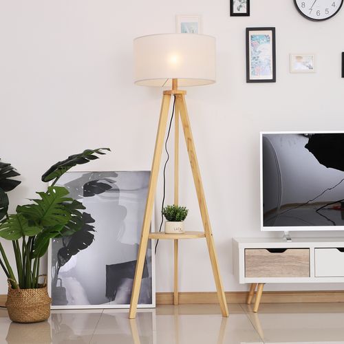 Floor Lamp, 154H cm-Beige/Natural Wood Colour