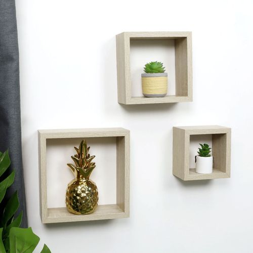 Set of 3 Oak Cube Floating Wall Shelves