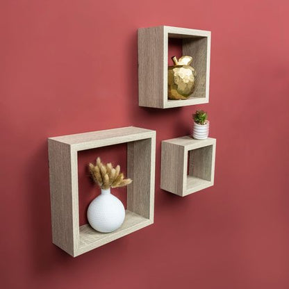 Set of 3 Oak Cube Floating Wall Shelves