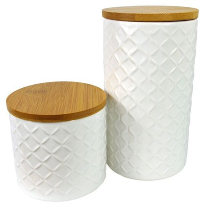 Set of Two Embossed Cream Ceramic Canisters with Lids