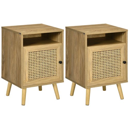 Rattan-Inspired Nightstand with Cabinet & Shelf