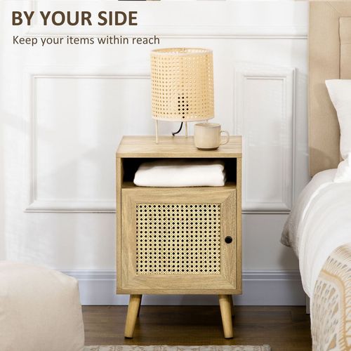 Rattan-Inspired Nightstand with Cabinet & Shelf