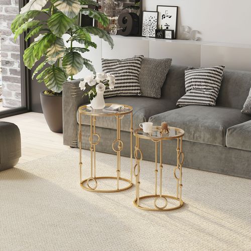 Set of 2 Gold Nesting Side Tables with Tempered Glass Tops