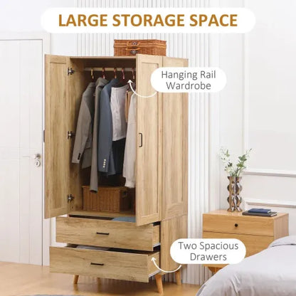 Modern 2-Door Wardrobe with Drawers & Hanging Rail – Natural Finish