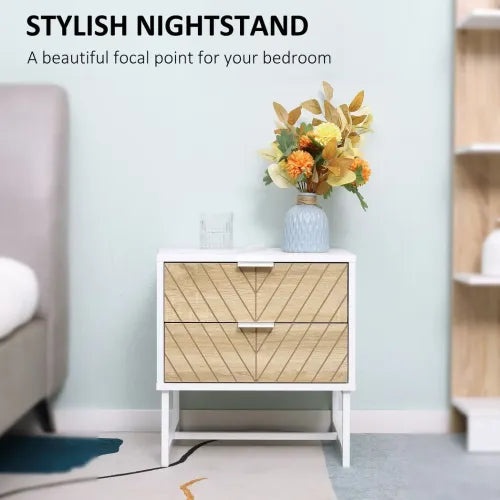 Contemporary Bedside Table with 2 Drawers – White & Oak Sofa Side Table