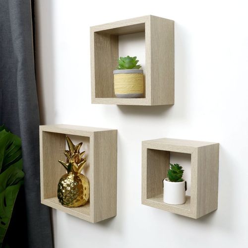 Set of 3 Oak Cube Floating Wall Shelves